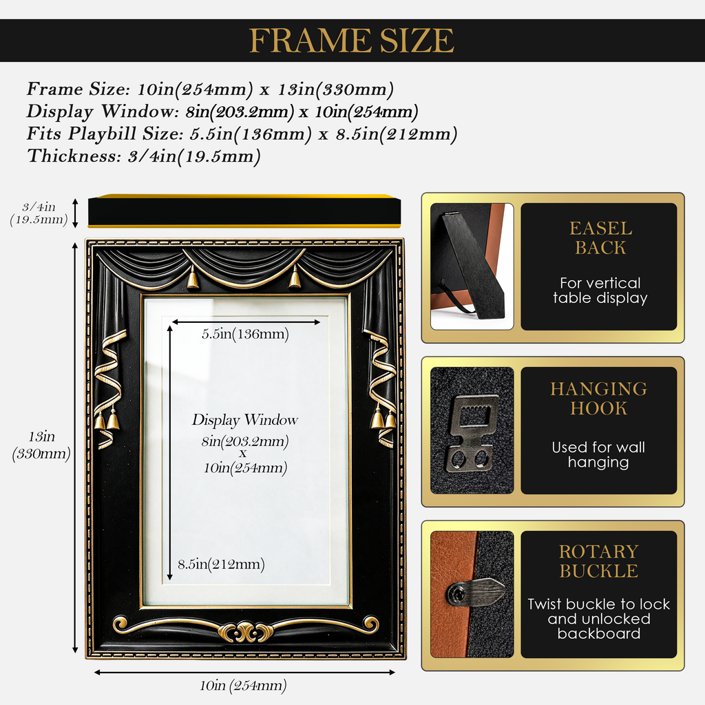 Act 1 Frames, Playbill Frame, Theatre Curtain Design, 8.5x11 with Mat for Standard Playbills, Wall and Tabletop Display (Black)
