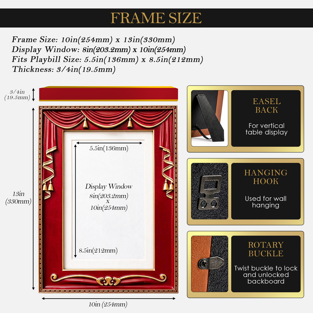 Act 1 Frames, Playbill Frame, Theatre Curtain Design, 8.5x11 with Mat for Standard Playbills, Wall and Tabletop Display (Red)