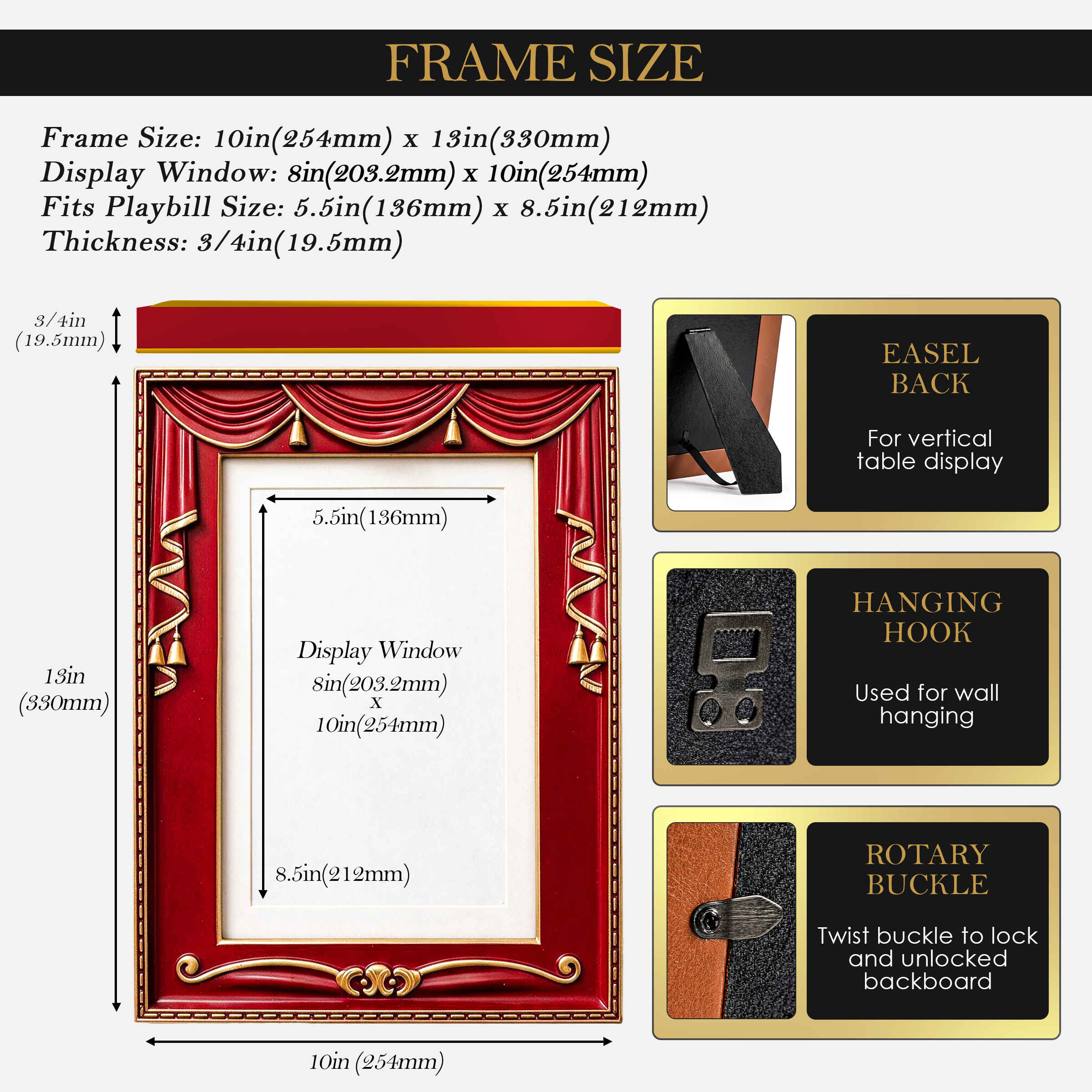 Act 1 Frames, Playbill Frame, Theatre Curtain Design, 8.5x11 with Mat for Standard Playbills, Wall and Tabletop Display (Red)