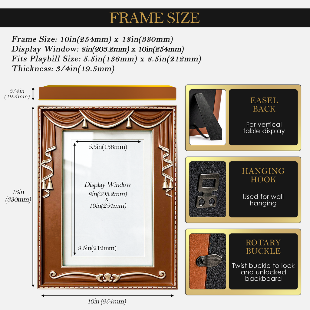 Act 1 Frames, Playbill Frame, Theatre Curtain Design, 8.5x11 with Mat for Standard Playbills, Wall and Tabletop Display (Brown)