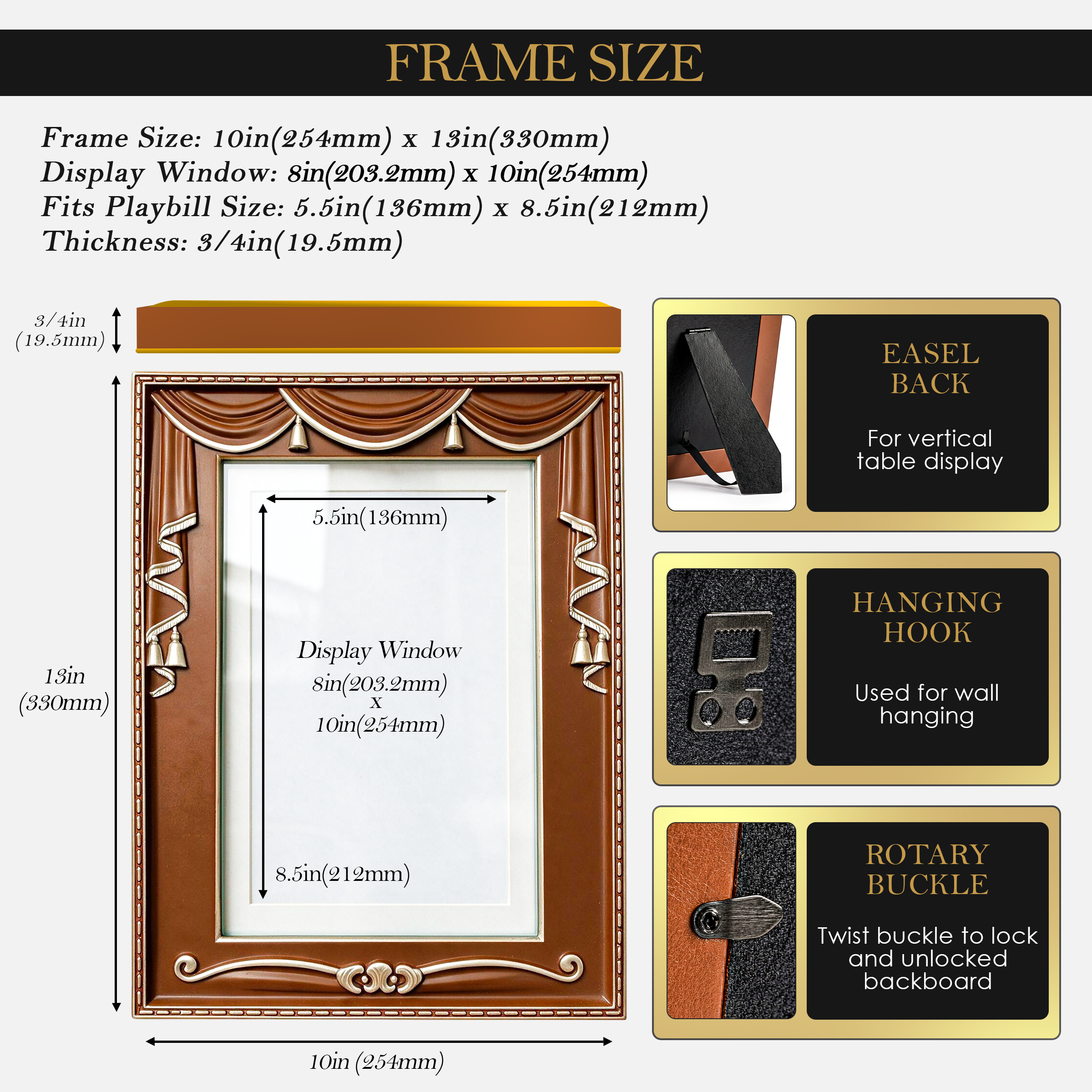 Act 1 Frames, Playbill Frame, Theatre Curtain Design, 8.5x11 with Mat for Standard Playbills, Wall and Tabletop Display (Brown)